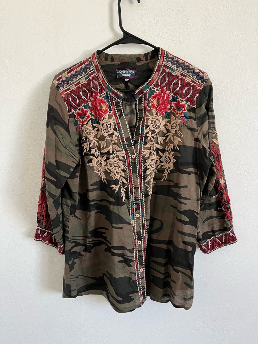 Johnny Was Floral Embroidered Button Down Shirt Jacket in Red, Teal, Olive
